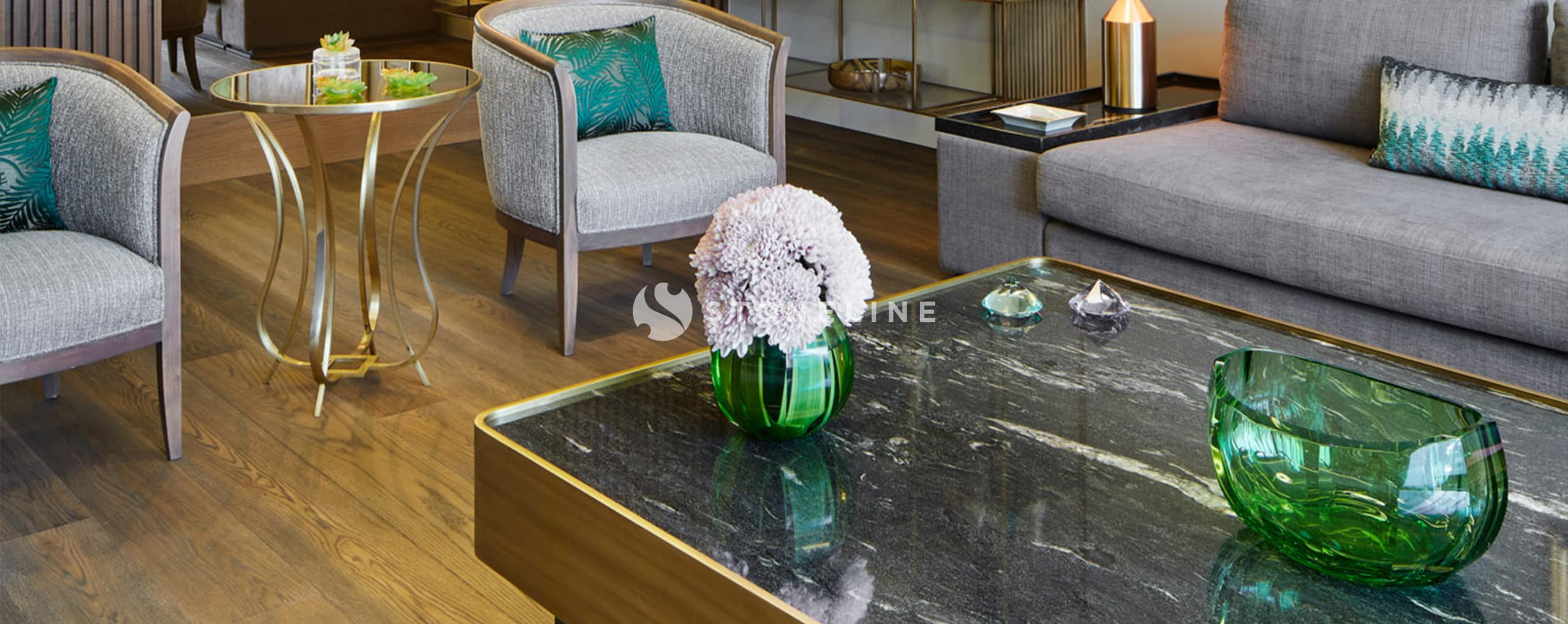 Modern living room with green and furniture.