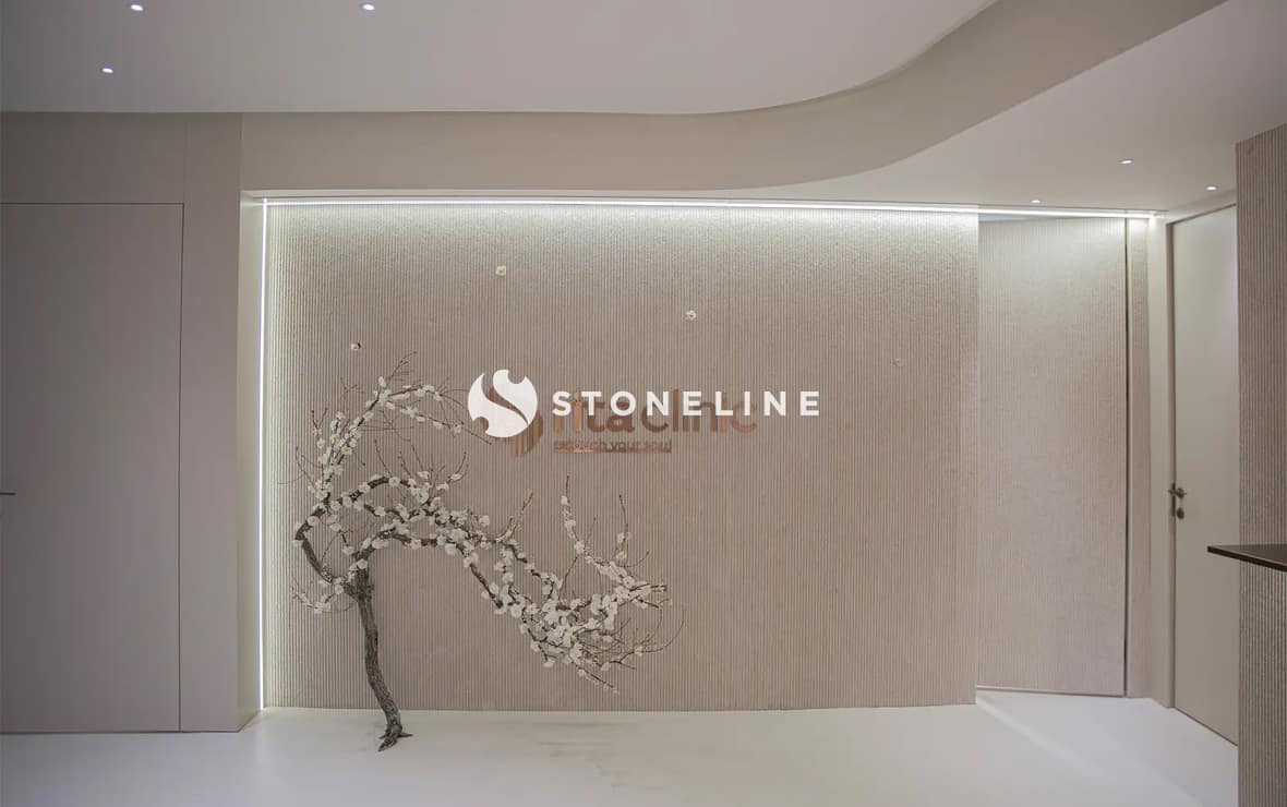 Elegant modern interior with decorative branch on wall.