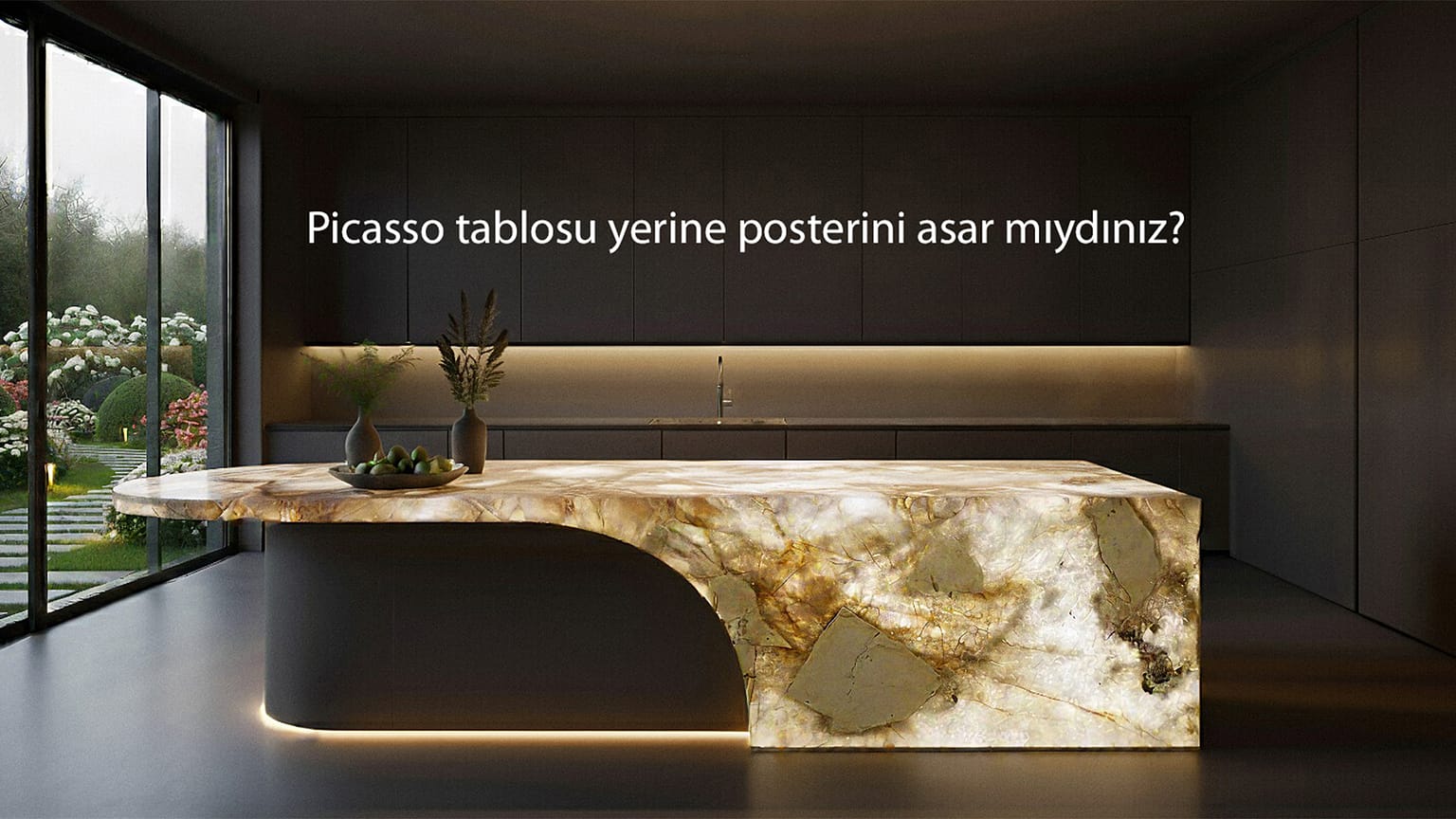 Ada ve pencereli güneşli modern mutfak