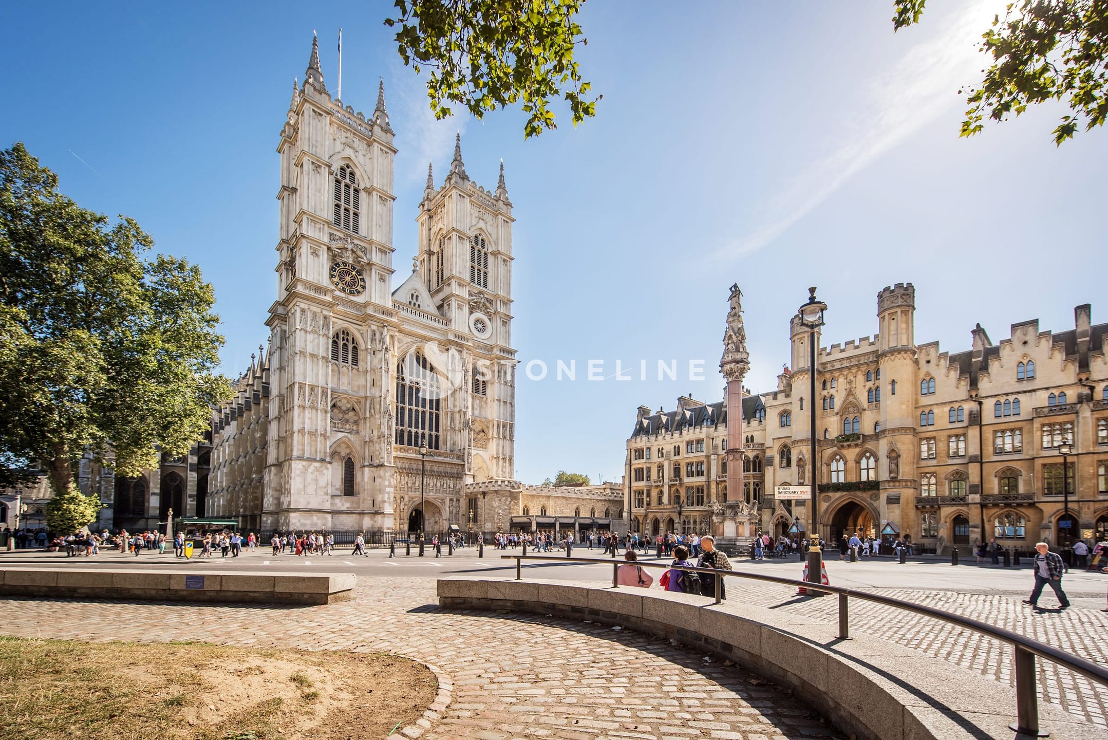 Historic buildings in a sunny public square