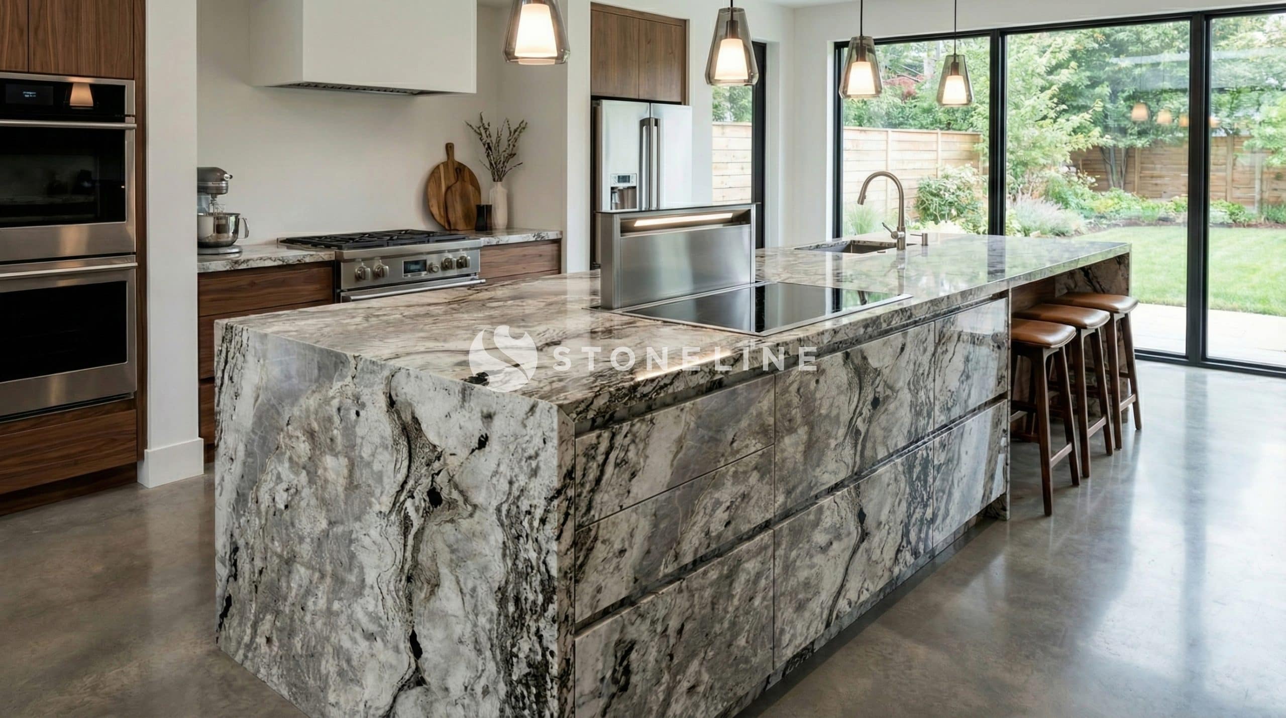 Modern kitchen with large marble waterfall island