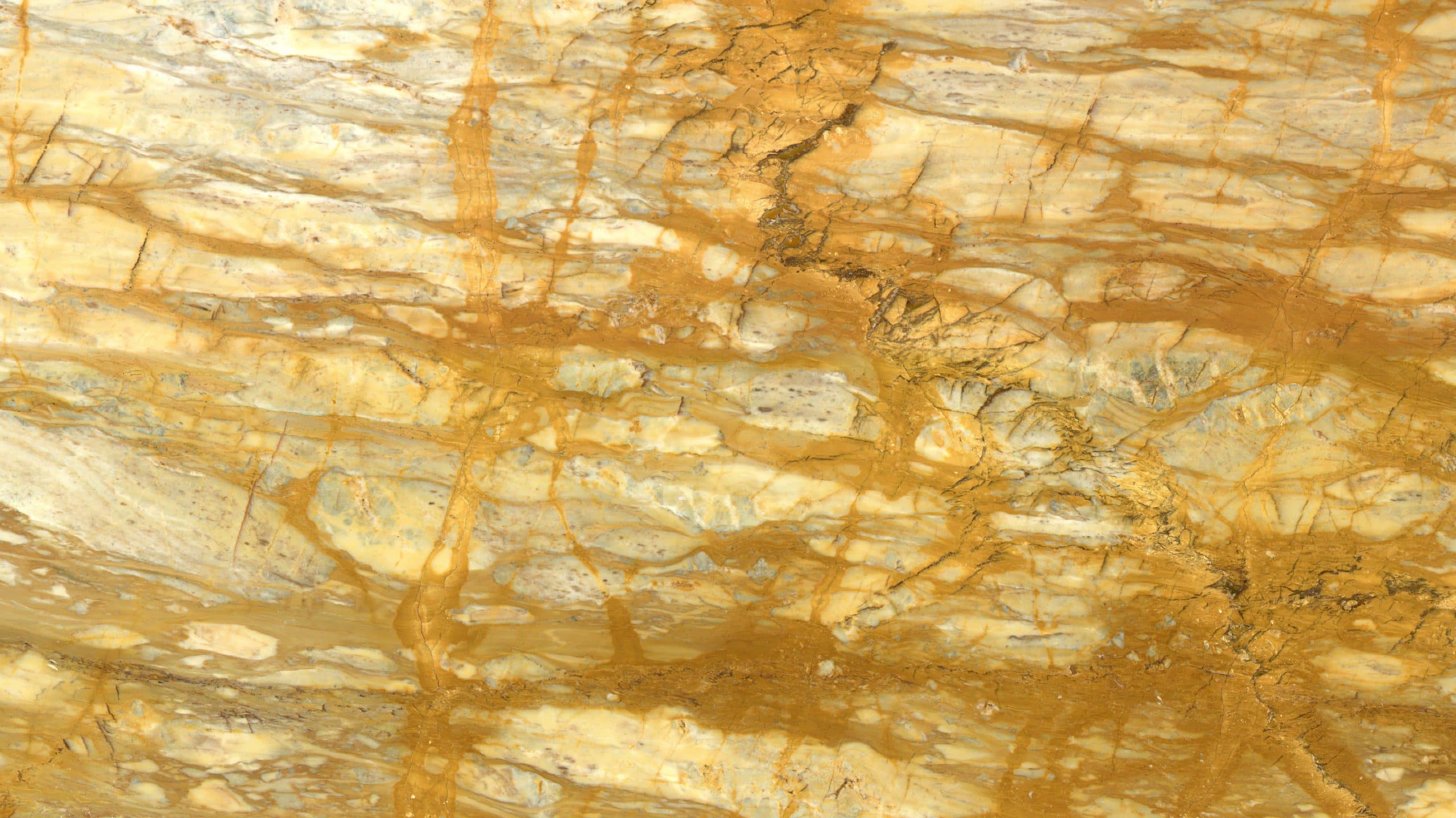 Polished stone surface with beige and brown veins.