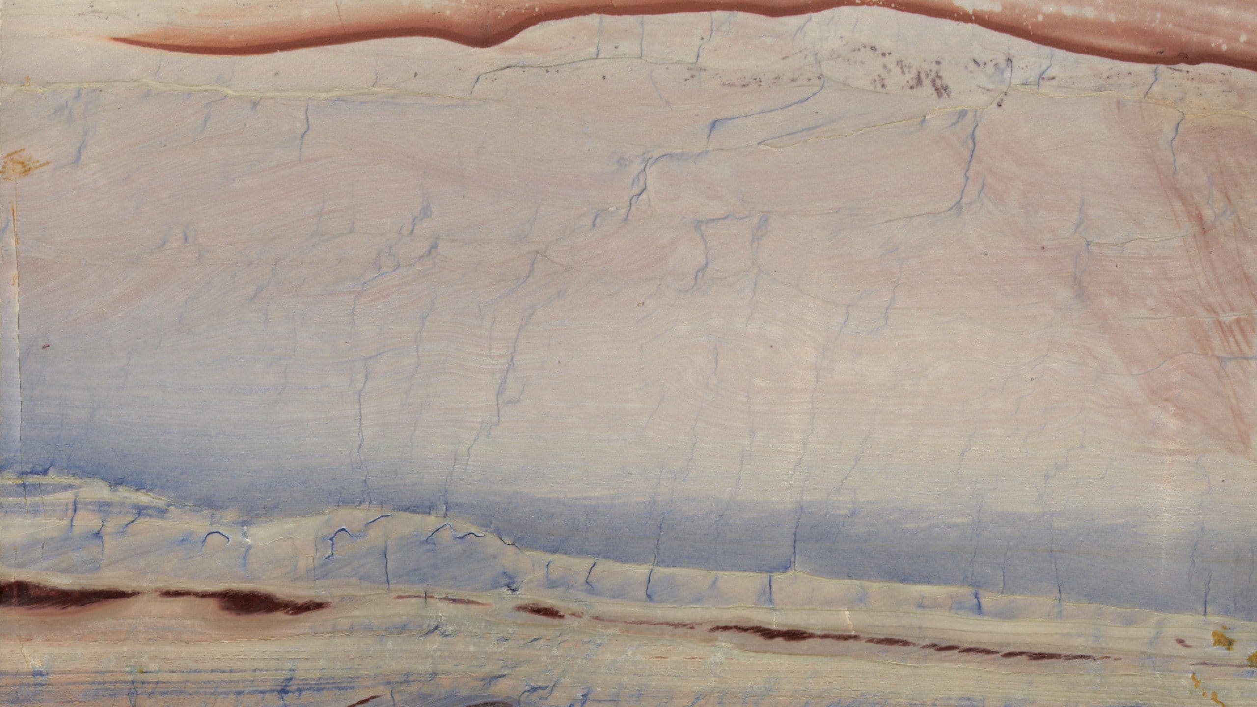 Abstract painting with blue and red hues.