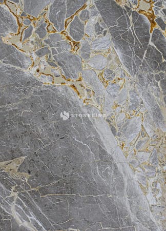 Close-up of gray marble surface with veining.