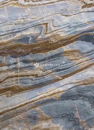 Close-up of polished blue and brown marble texture.