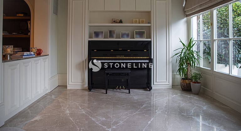 Elegant living room with a black upright piano.