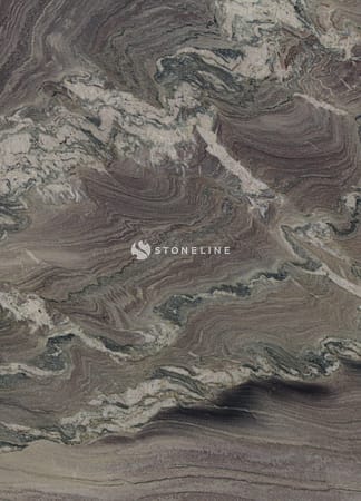 Aerial view of swirling desert rock formations.