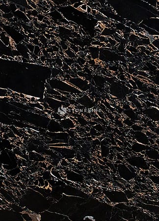 Black marble texture with brown and white veins.