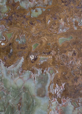 Close-up of swirling green and brown onyx texture