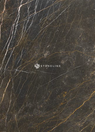 Dark marble texture with orange and white veins.