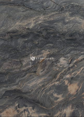 Close-up of swirling, textured black and beige marble.