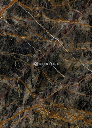 Dark marble texture with orange and white veins.