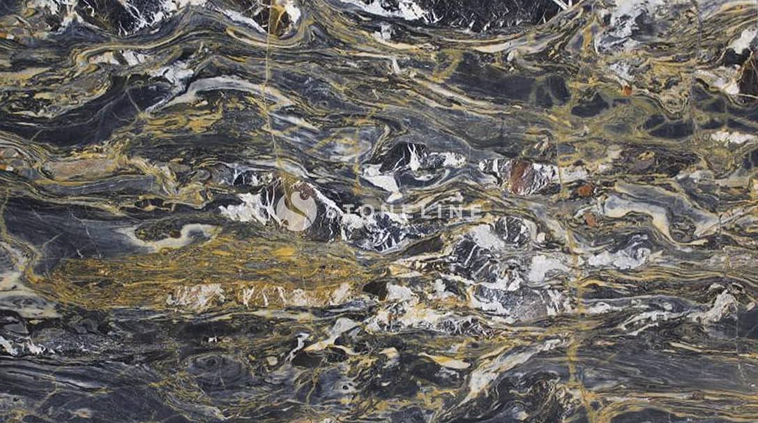 Close-up of black and gold marble texture.