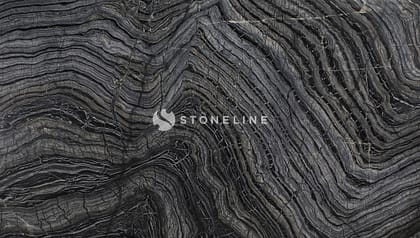 Close-up of swirling black and gray marble pattern.