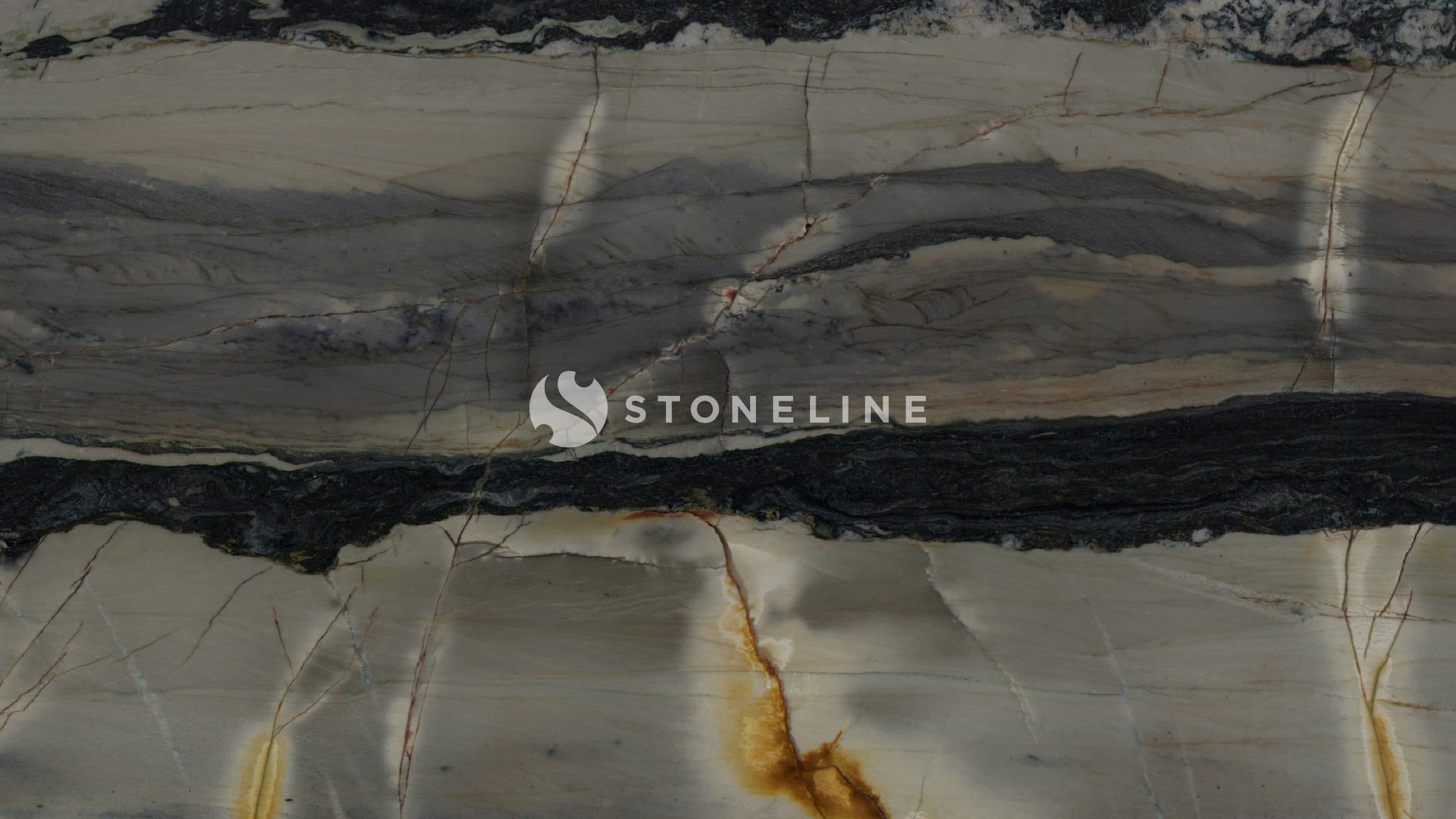 Textured stone slab with dark and light veins.