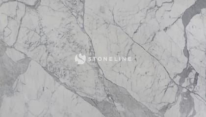 Close-up of white marble texture with veins.