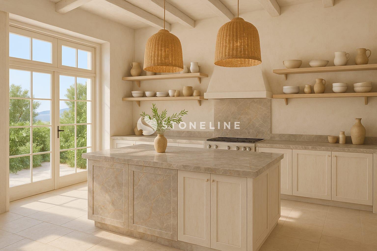 Sunny modern kitchen with island and windows.